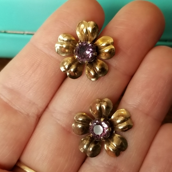 Vintage Van Dell flower earrings screwback gold fill purple floral - Picture 7 of 14